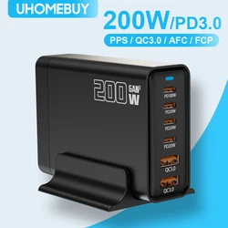 UHOMEBUY 200W GaN Power Adapter 6-Ports USB C Desktop Charger USB Type C PD Charger Fast Charging for Laptop Tablet Mobile Phone