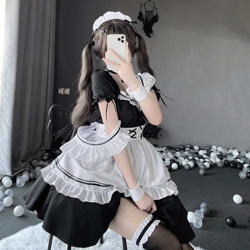 Poinrobe de femme de chambre Lolita noire et blanche, jolie fille Anime, costume Cosplay, tablier français sexy, uniforme de servante japonaise, tenue de femme de chambre 73