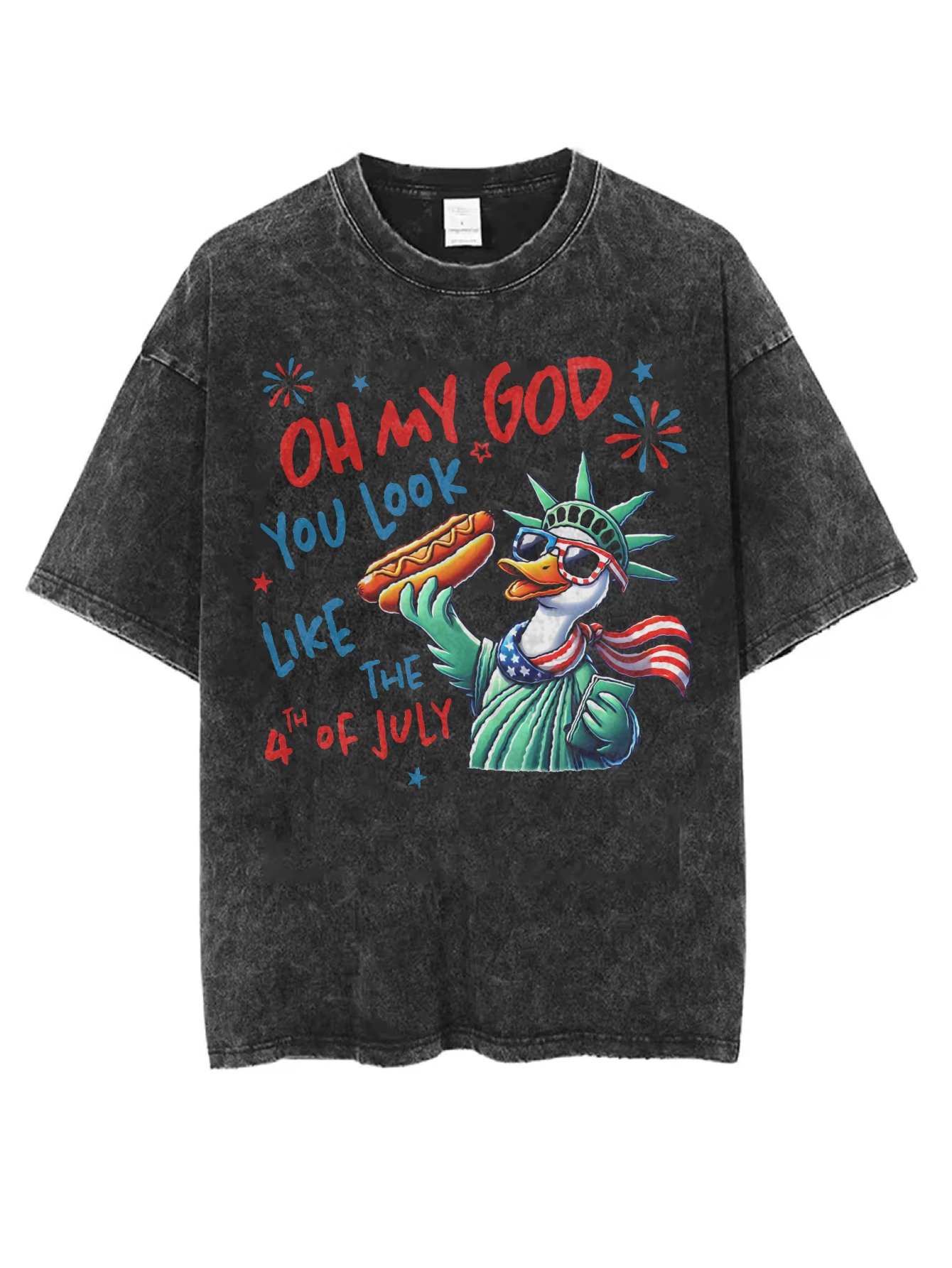 

You Look Like the 4th of July Black Washed Round Neck T-Shirt Comfortable Loose Fit Perfect for Men Women for Christmas Winter