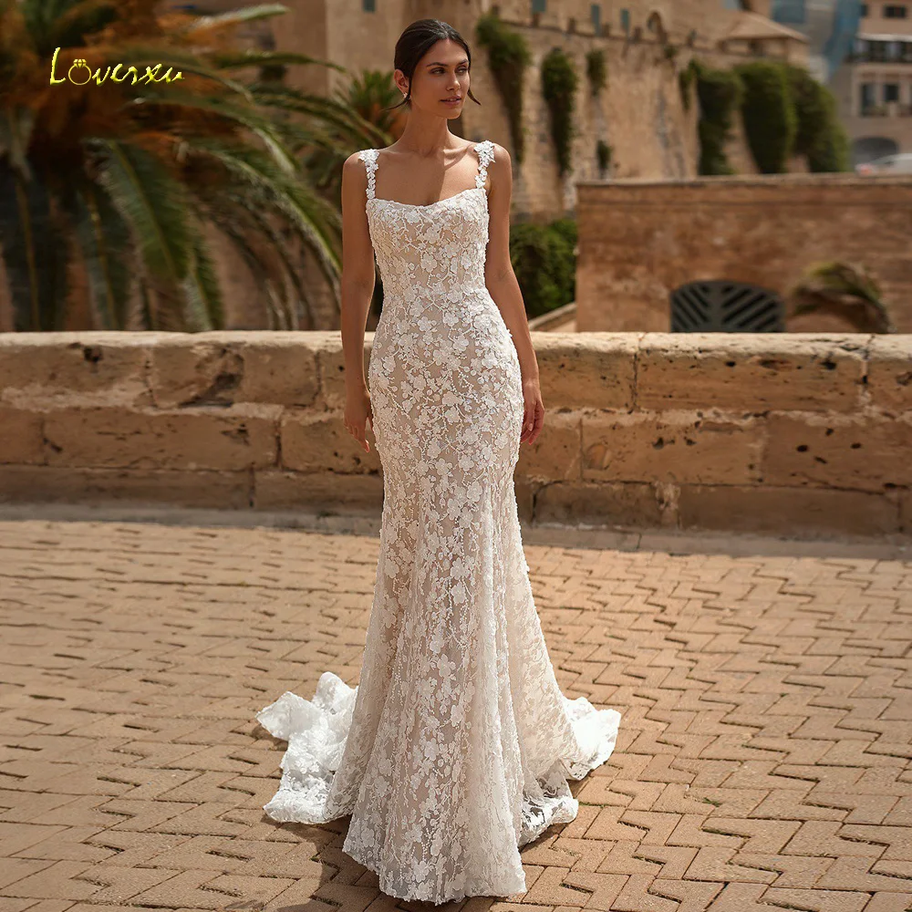 Loverxu Sirena Graceful Abiti da sposa sexy Smerlato senza maniche Vestido De Novia Ricamo Backless Abito da sposa su misura