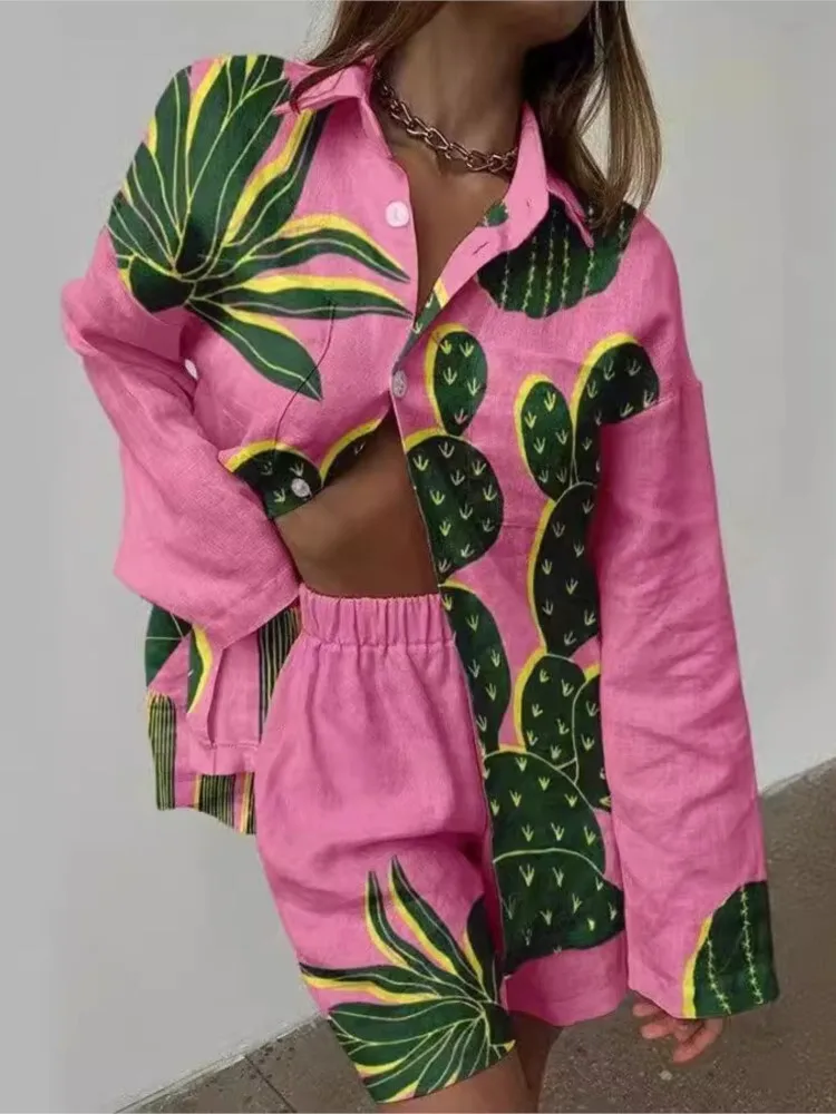 

Fashion Print Set Lady Casual Long Sleeve Button Shirts Tops Shorts Two Piece Sets For Women Holiday Beach Womens Clothing New