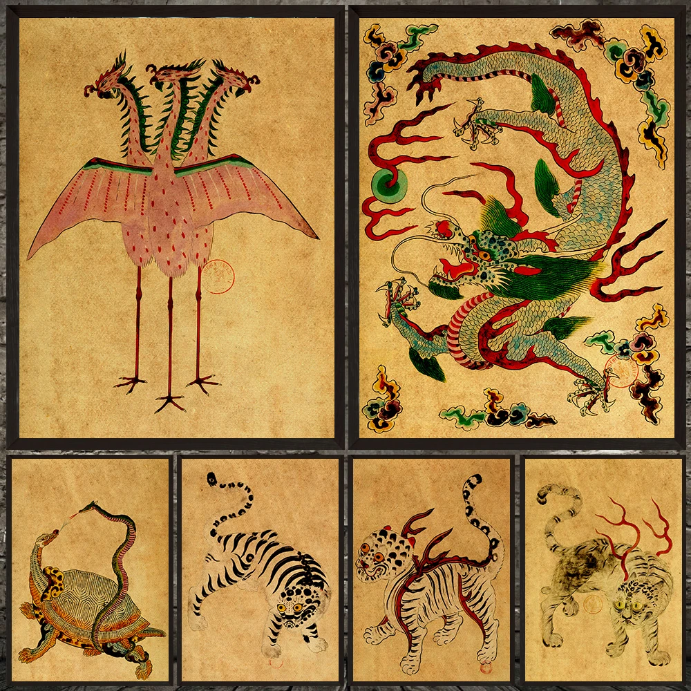 

Ancient Chinese Mythical Beasts Wall Art Canvas Print,Azure Dragon,White Tiger,Vermillion Bird,Black Tortoise Art Poster Print