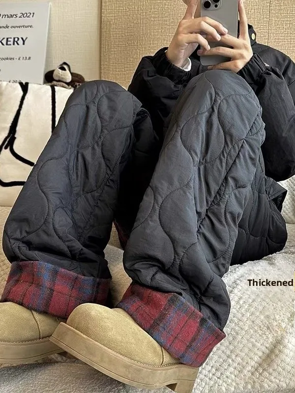 المرأة الشتاء Thiened سراويل قطنية عادية فضفاضة تناسب منقوشة الربط يندبروف السراويل الدافئة مستقيم الساق ملابس خارجية طويلة #1