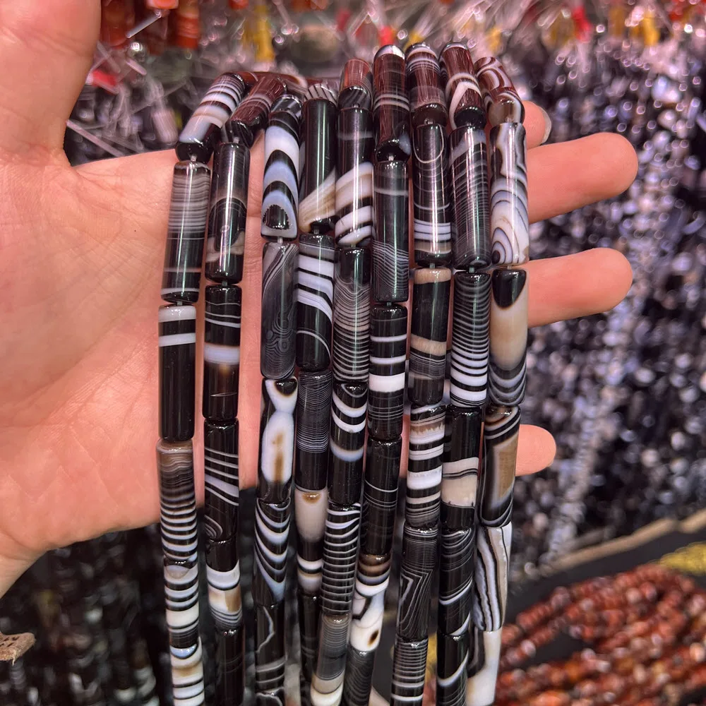 Natural Stone Black Agate Stone 10x14mm Column Agate Beads Spacer Beaded 15'' Strand For DIY Jewelry Making Bracelet Accessories