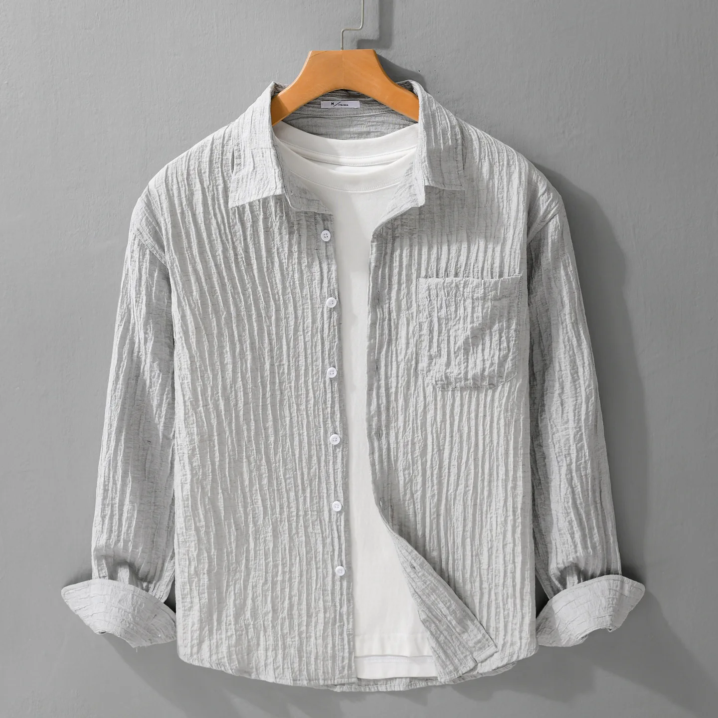 

Simple Lazy Style Pleaed Shirts Male Spring Summer New Mens Long Sleeve Shirt Lapel Pocket Casual Shirts Beach Tops Breathable