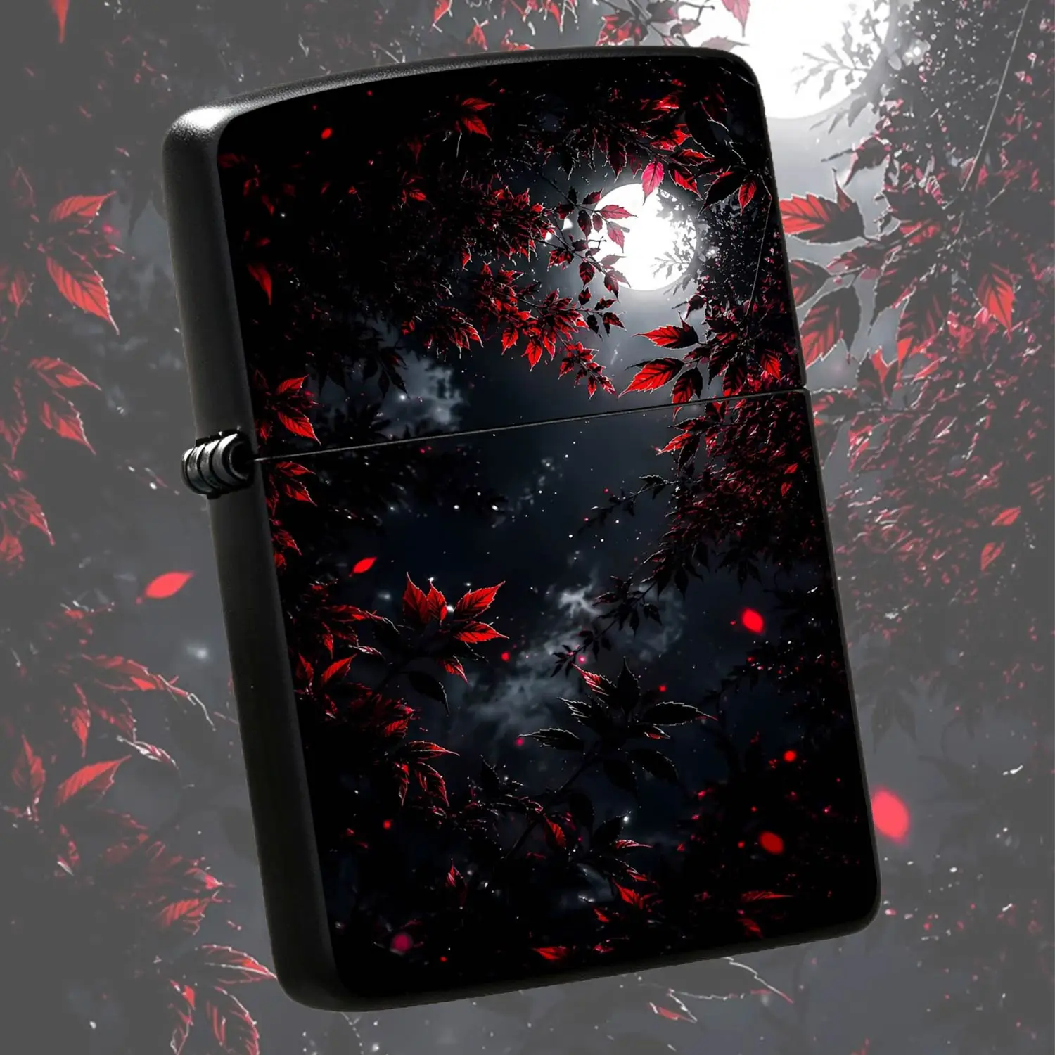 Portable Igniter With Striking Crimson Leaves Full Moon Night Art Print, Sleek Aesthetic Accessory For Daily Commutes, Outdoor Trips, Gifting On Various Occasions, Exquisite Practical Carry Item To Elevate Your Everyday Vibe And Suit All Sc