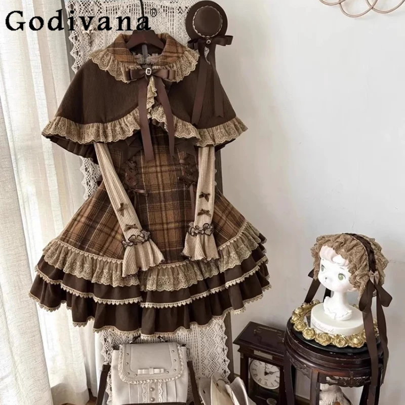 

Autumn New Sweet Cute Plaid Dress Women Japanese Lace Patchwork Dress and Cape Set Female Waist Cinching Birthday Dress