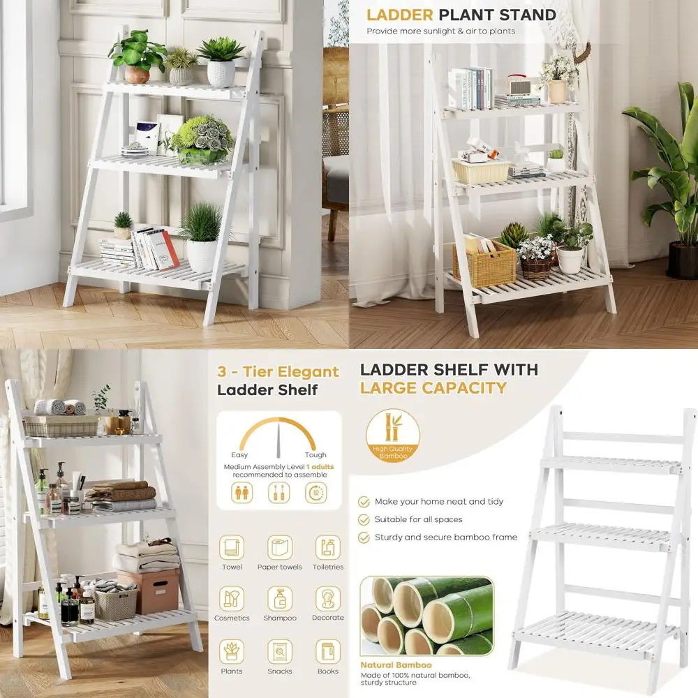 

3-Tier Bamboo Ladder Bookshelf, 39.4 White, Compact Storage for Home Office, Living Room, Bedroom