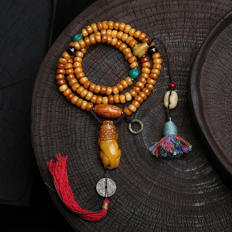 Recycled Bone Large Intestine Bead 108-Bead Prayer Beads Sweater Chain Nine-Eyed Heavenly Bead Wealth-Attracting Pixiu