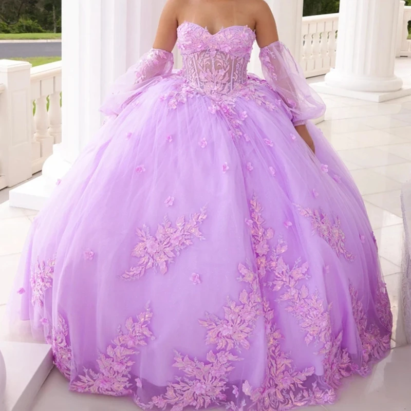 

Lilac Princess Quinceanera Dresses Off Shoulder Lace Appliques Bow Birthday Party Tull Ball Gown Sweet 16 Dresses Vestidos De 15