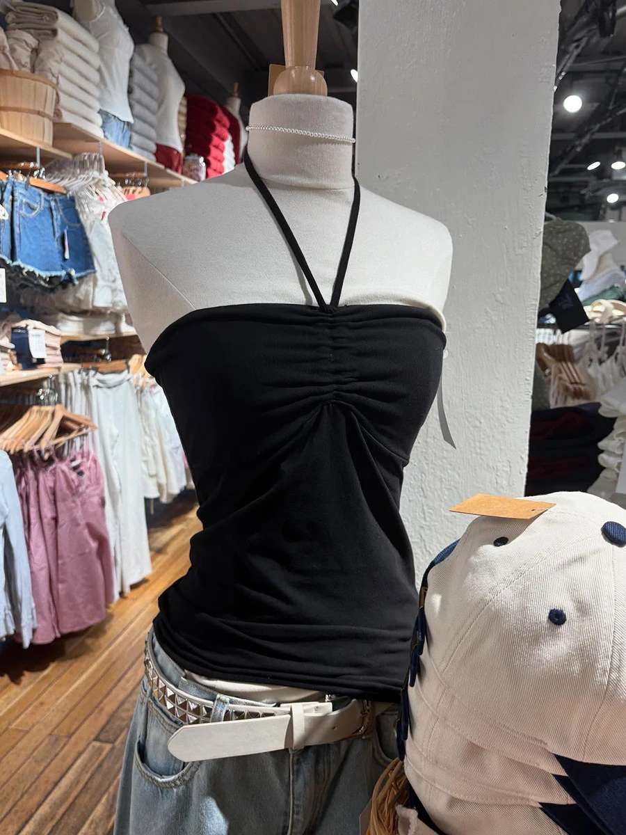 

Black Folds Halter Top Women Summer New Sleeveless Slim Basic Strapless Camis Simple Fashion Sweet Preppy Style Tube Tops Y2k