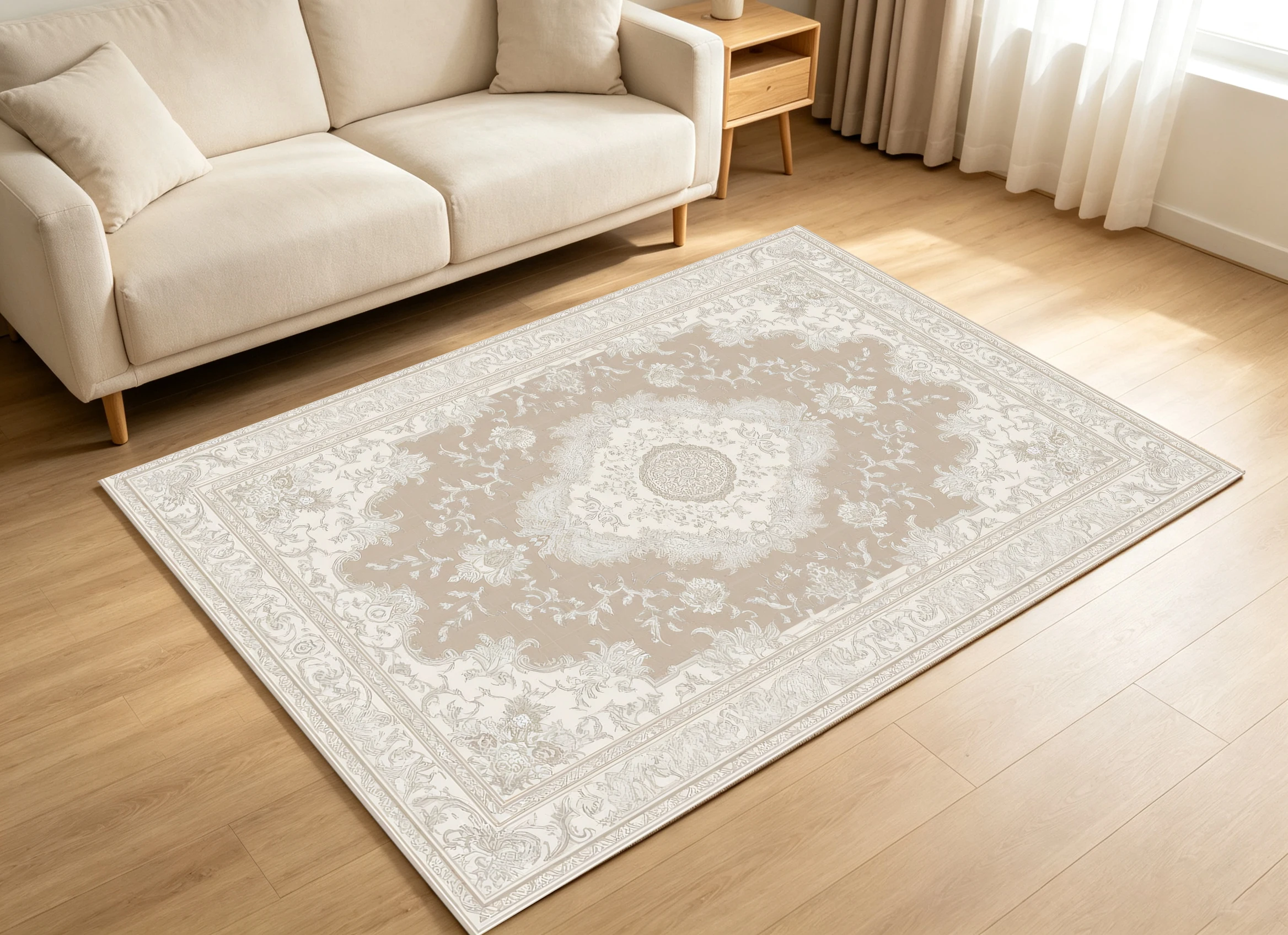 2D Beige Brown European Retro Pattern Velvet Carpet Soft and Comfortable, Suitable for Living Rooms and Bedrooms