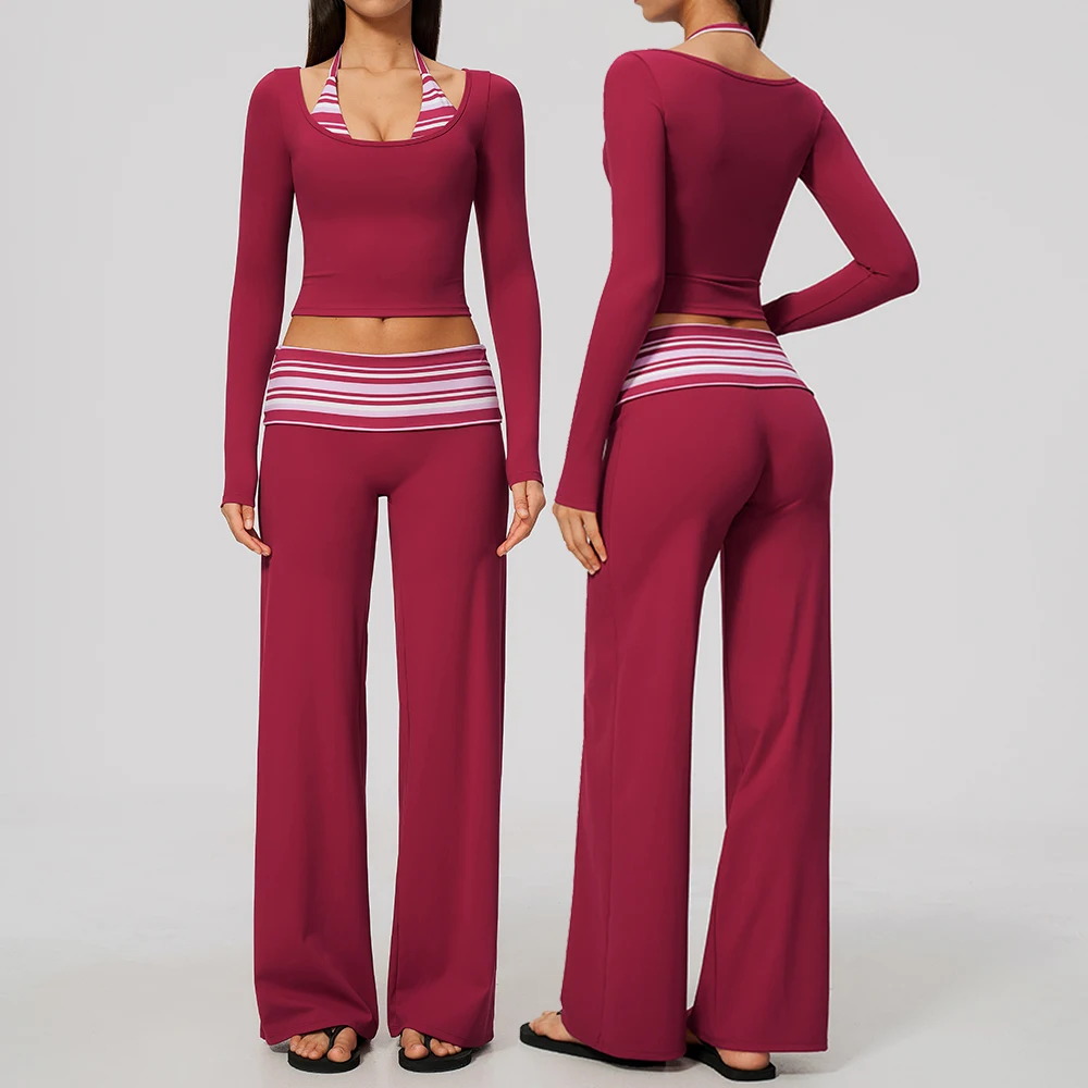 2PCS Gym Set Women Yoga Clothes Sports Set Athletic Wear Quick-drying Polka Dot Stripe Sportswear Running Workout Long Sleeve