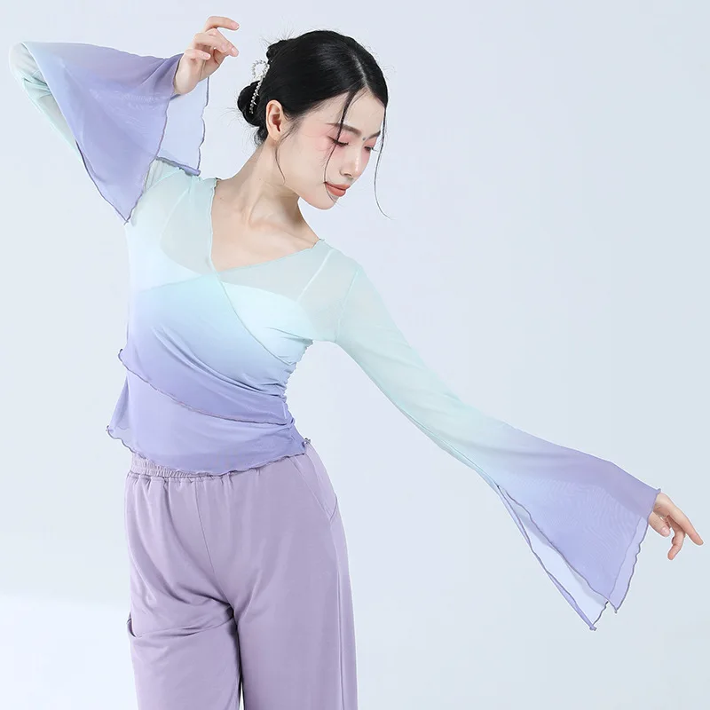 Classical Dance Mesh Top Flared Sleeve Gradient Ramp V Neck Elegant Women Modern Dance See Through Figure Skating Ballet Shirts