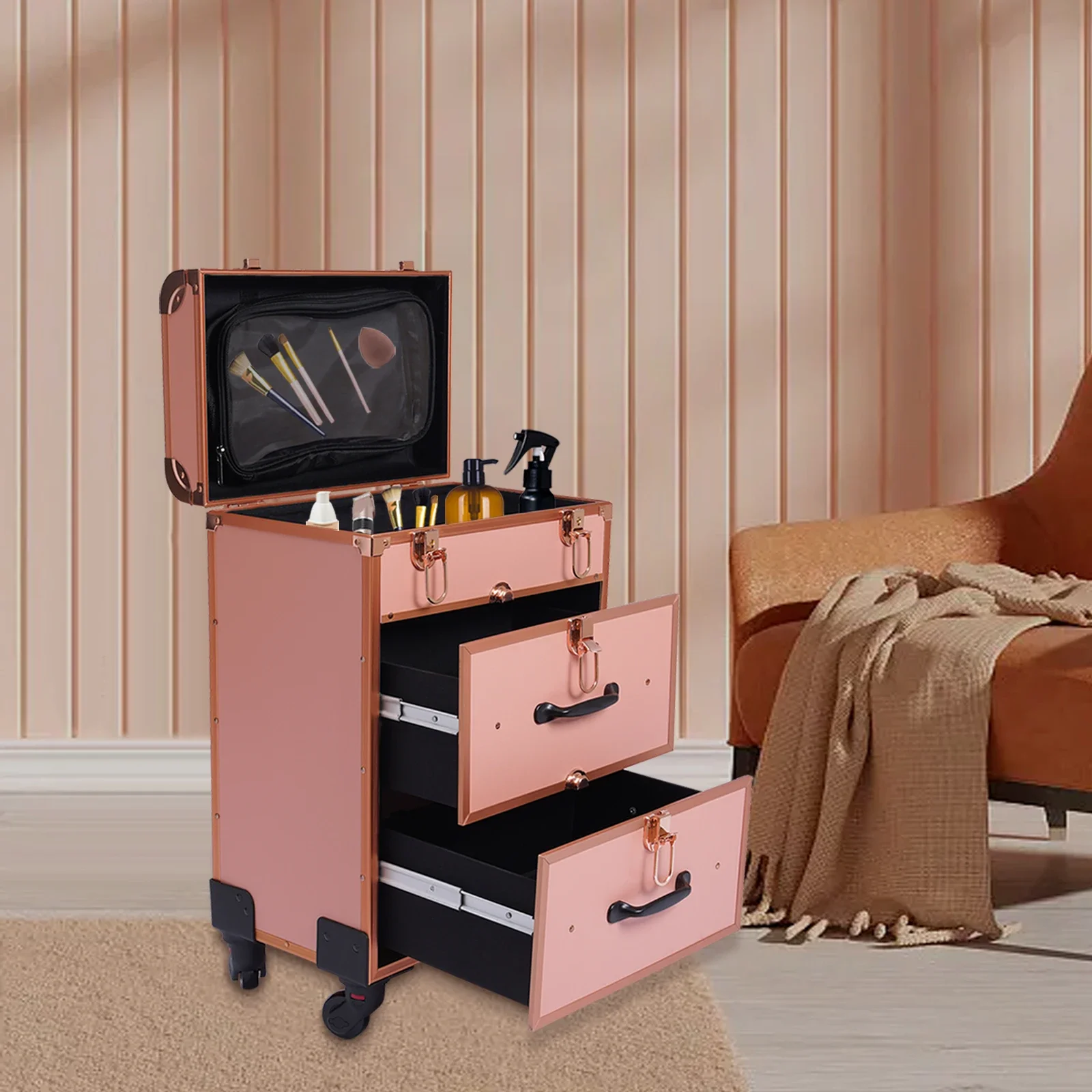 세련된 롤링 메이크업 케이스 골드 다층 잠금 장치 포함 화장대 수납 및 여행용 화장품 정리함