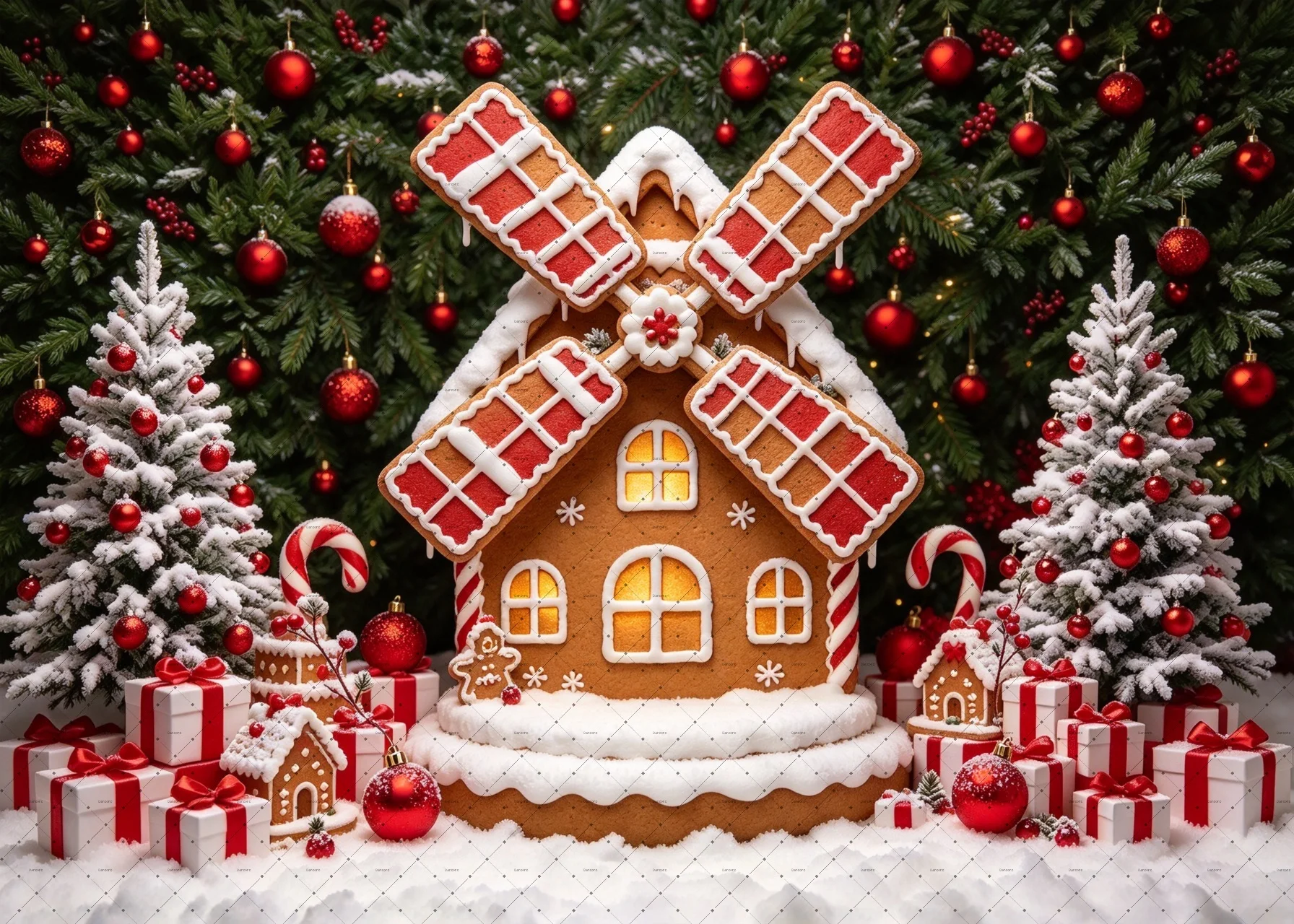 Christmas Gingerbread House Photo Backdrop Snow Xmas Tree Candy Cane Gift Family Portrait Studio Photography Background