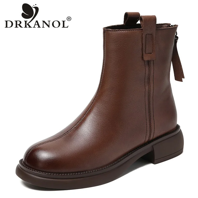 

DRKANOL 2024 Handmade Women Winter Warm Boots 100% Genuine Cow Leather Back Zipper Flat Heel Mid Calf Trend Chelsea Boots Female