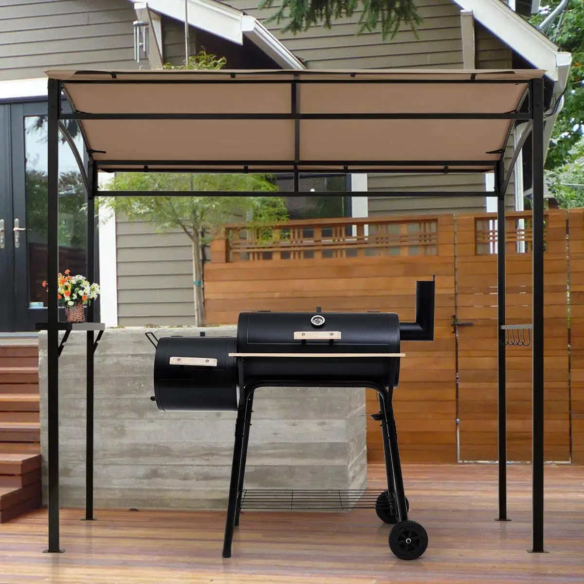 Barbecue gazebo, patio barbecue canopy with shelves and hooks, with steel frame