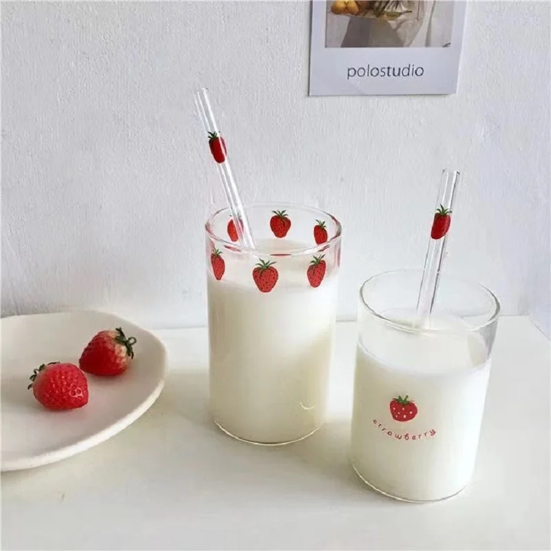 

300ml Strawberry Cute Glass Transparent Coffee Milk Cups Student Milk Heat Resistant Cold Drinks Without Straw Cocktail kit