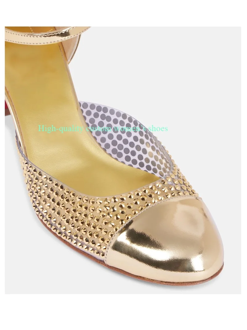 Gold Round Head Color-Blocked Rhinestones Decorative Low-Cut Sandals Wide heels Runway Style Women's Luxury Footwear 2026
