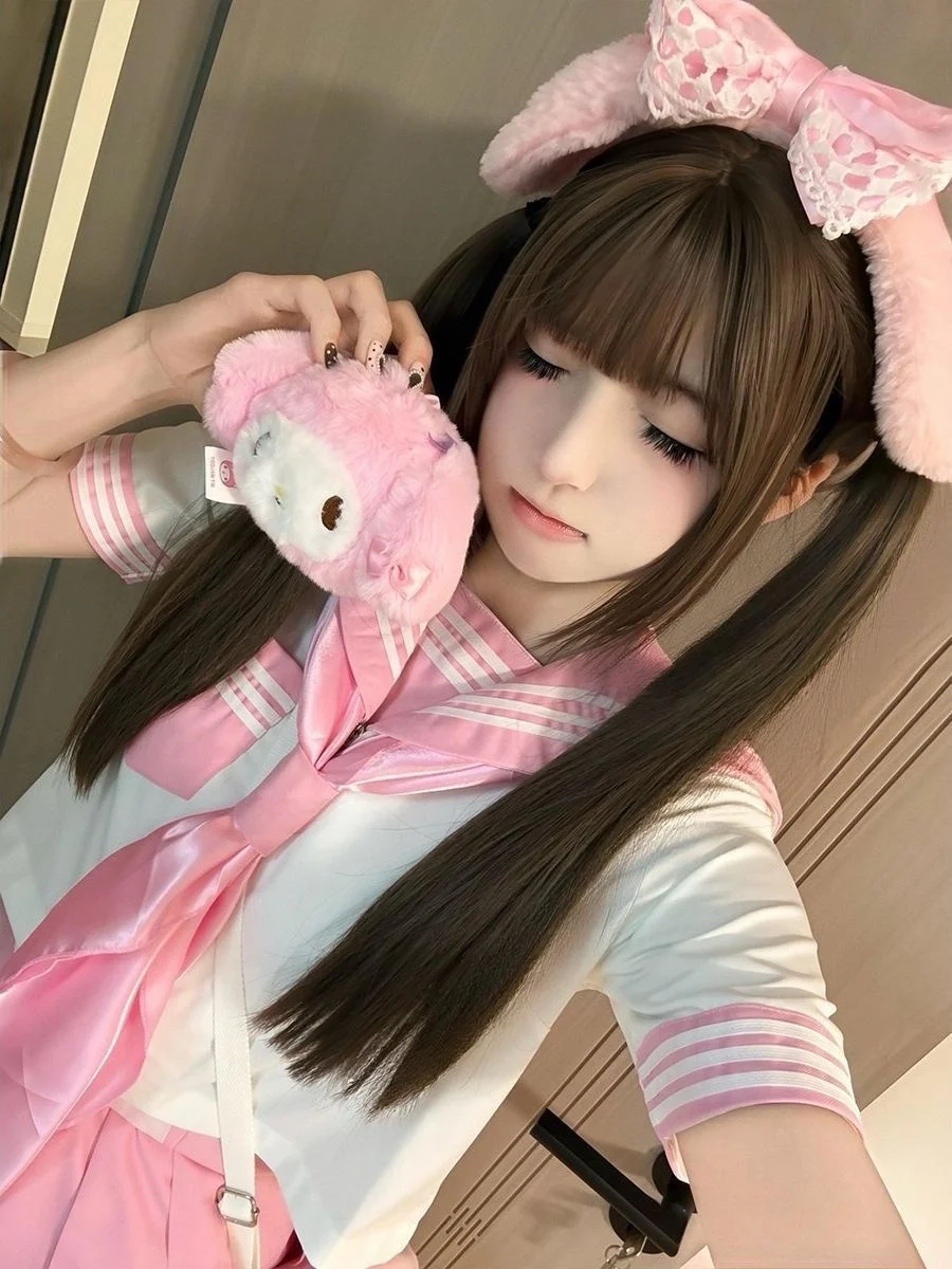 Original Summer Short Sleeve School Uniform Set Soft Pink Female Student Outfit Traditional Class Uniform  Knot Design