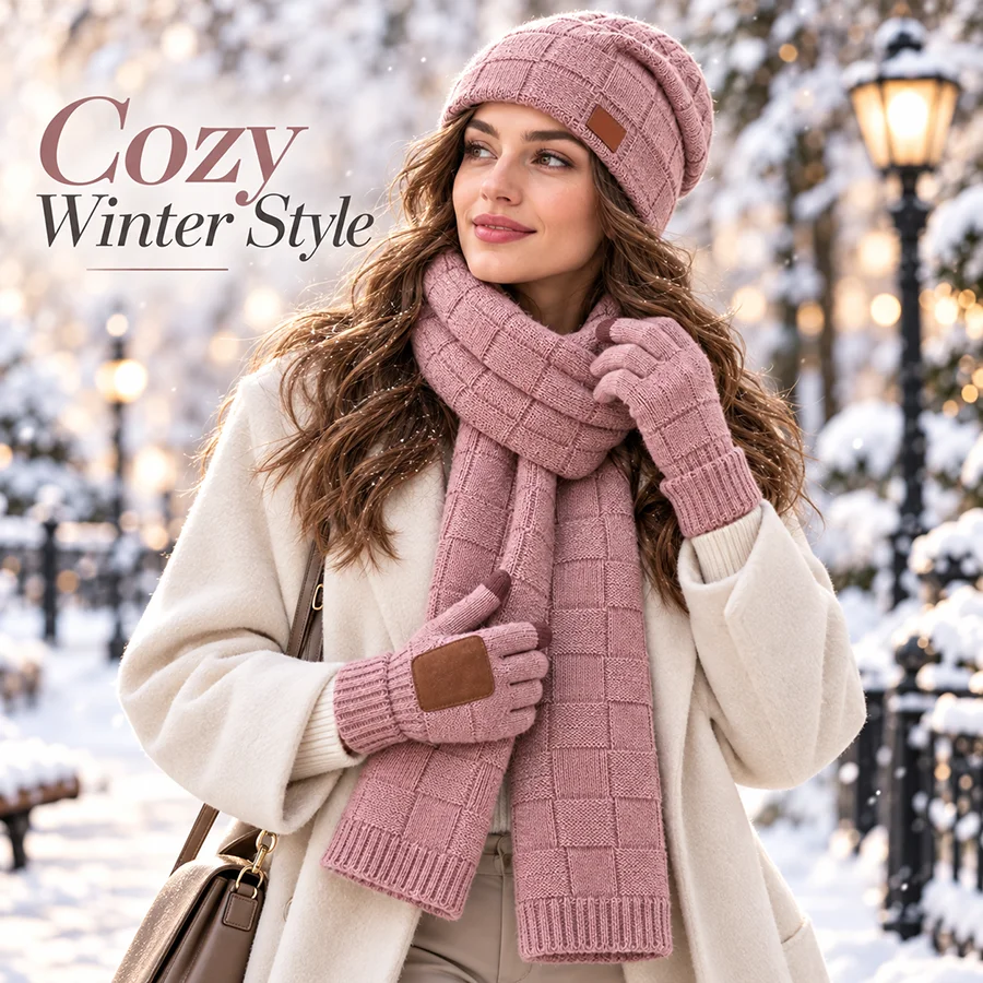 1Set Warm & Soft Winter Fleece-lined Knitted Hat, Scarves And Touch Screen Gloves 4-Piece Set ,Perfect Ear & Neck Warmer