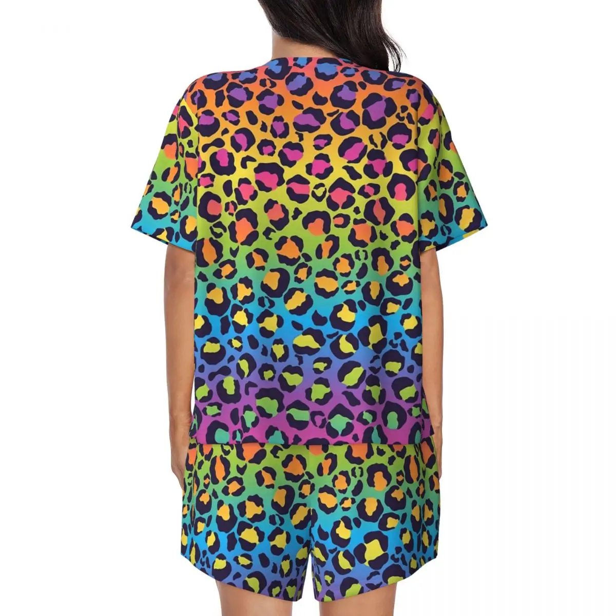Bright Rainbow Ombre Gradient Leopard Print Pattern Round Neck Short Sleeves Nightdress for Sleeping Sleepshirts Women Loose
