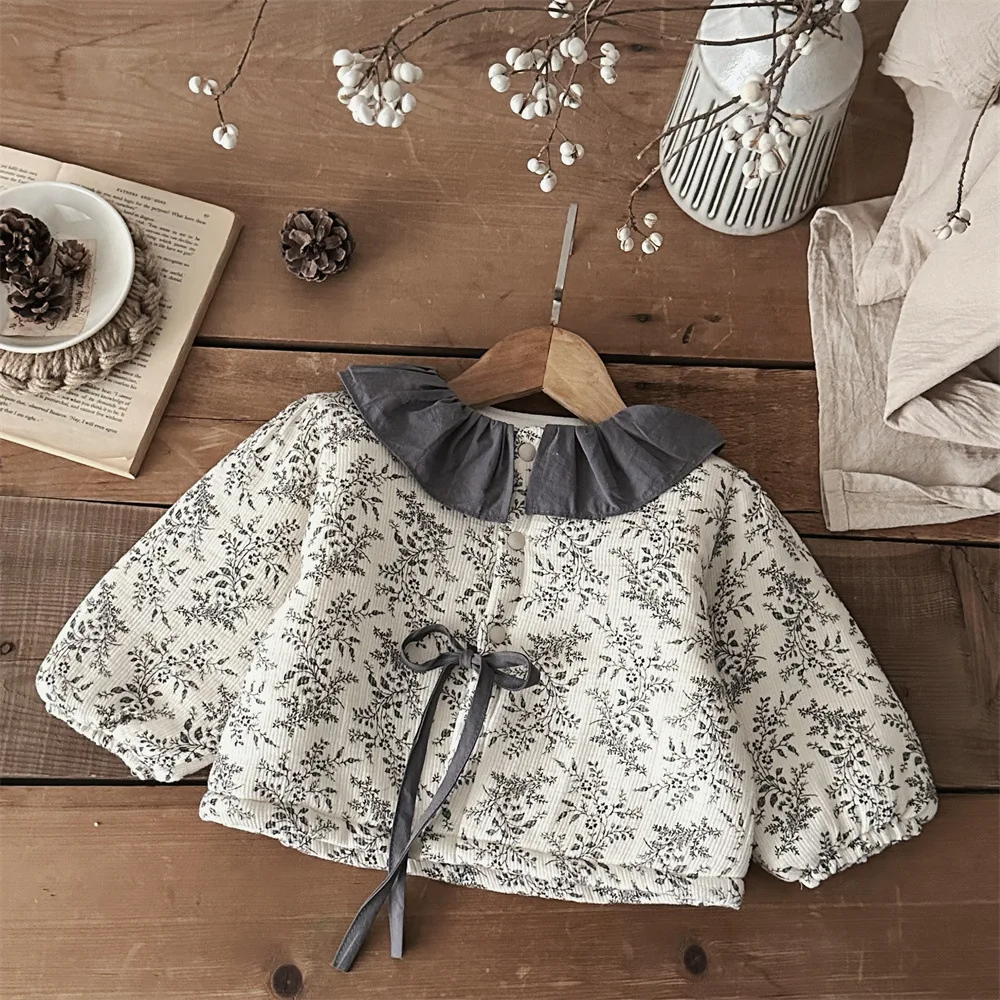 2025 Winter New Baby Girls Long Sleeve Ruffle Collar Floral Coat Plus Velvet Thick Infant Warm Padded Jacket Toddler Clothes