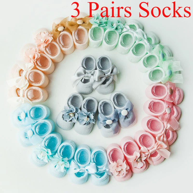 3 Paare/satz Baby Baumwolle Baby Socken Kleinkind Infant Anti-slip Socken Cartoon Neugeborenen Boden Socken Mädchen Bogen-knoten spitze Socke