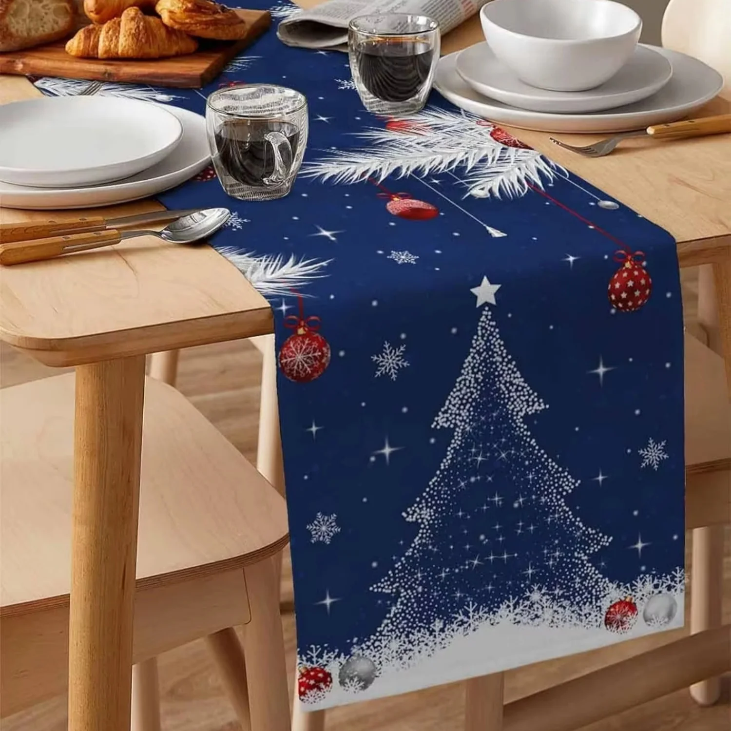 عيد ميلاد سعيد الكرة الصنوبر إبرة ندفة الثلج شجرة الأزرق الجدول عداء الشتاء المطبخ الطعام عيد الميلاد ديكور نسيج الكتان #6