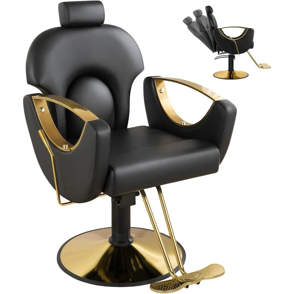 Heavy-Duty Hydraulic Pump Reclining Barber Chair with 360 Swivel, Suitable for Beauty Spa and Home Salons, Black Gold
