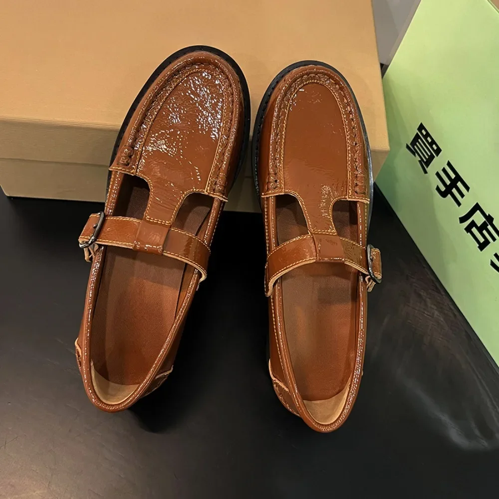 NIGO Women's Brown Cowhide Patent Leather Single Shoes Retro Trend Comfortable Flat Shoes 2024 Summer Fashion Loafers #NGSH1138