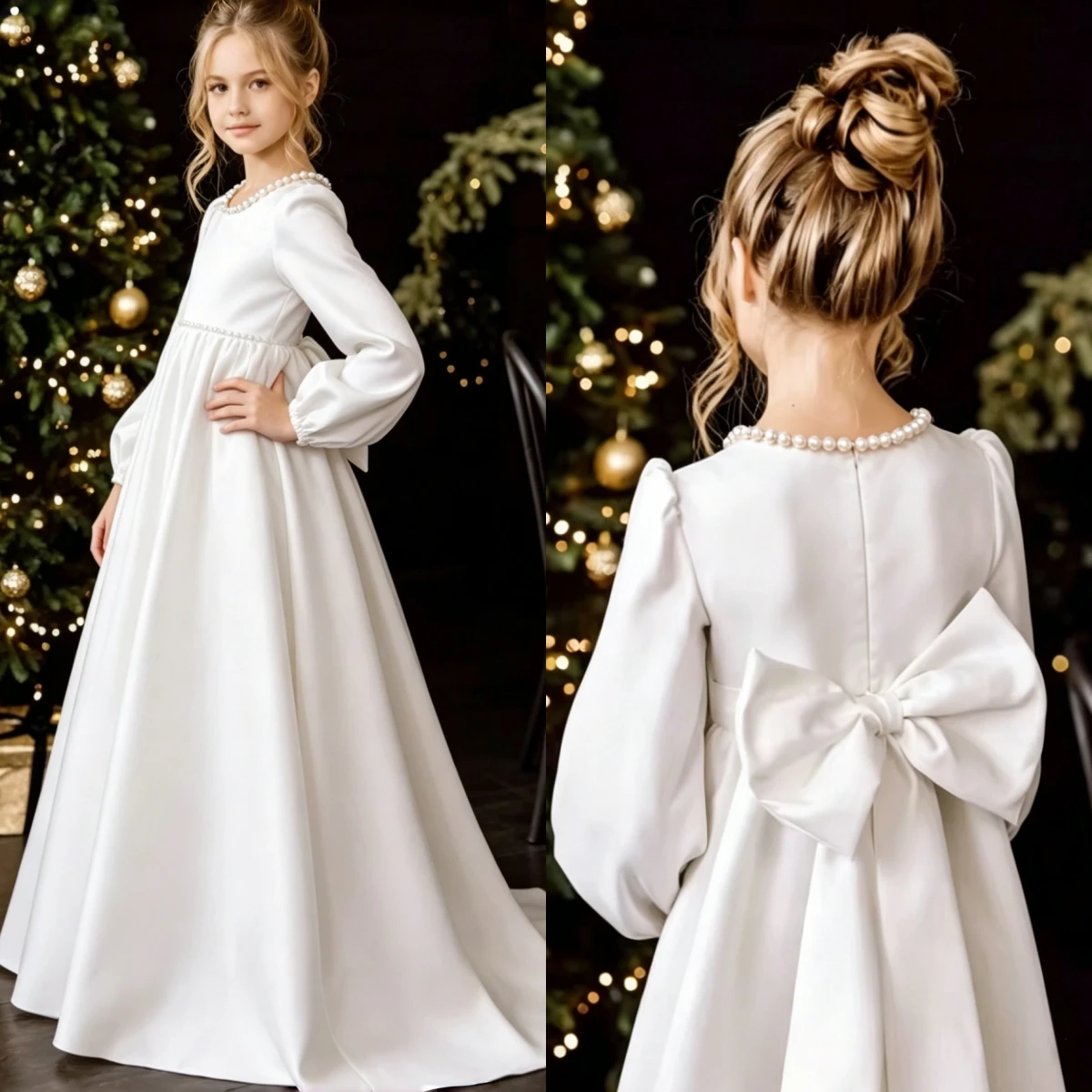 Vestido de Primera Comunión para Niña, Cuello Redondo, Manga Larga Abullonada, Diseño Simple en Línea A, Satén Blanco, Vestido de Dama de Honor, Bautizo, Fiesta Formal
