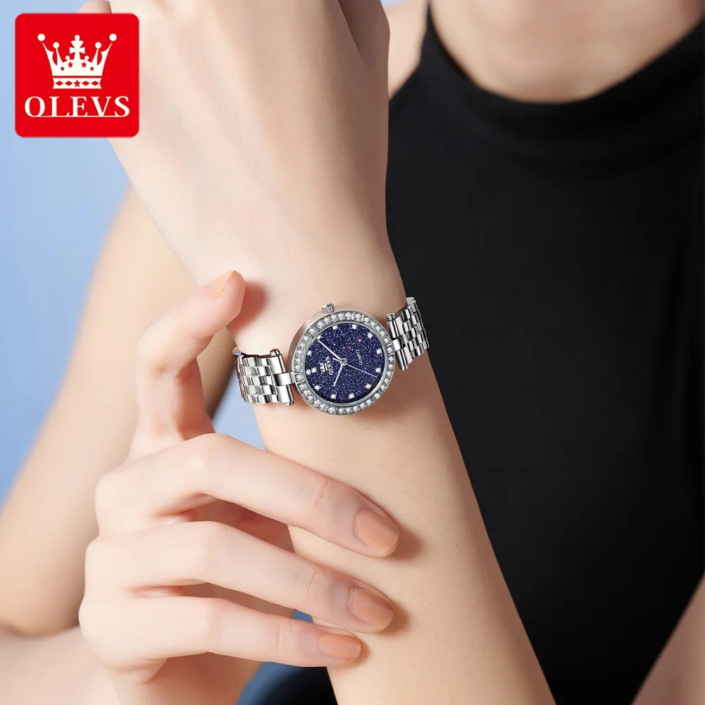 OLEVS Starry Sky Watch For Women Minimalist Casual Elegant Watch Stainless Steel Diamond Dial Waterproof Date Gift for She 3641