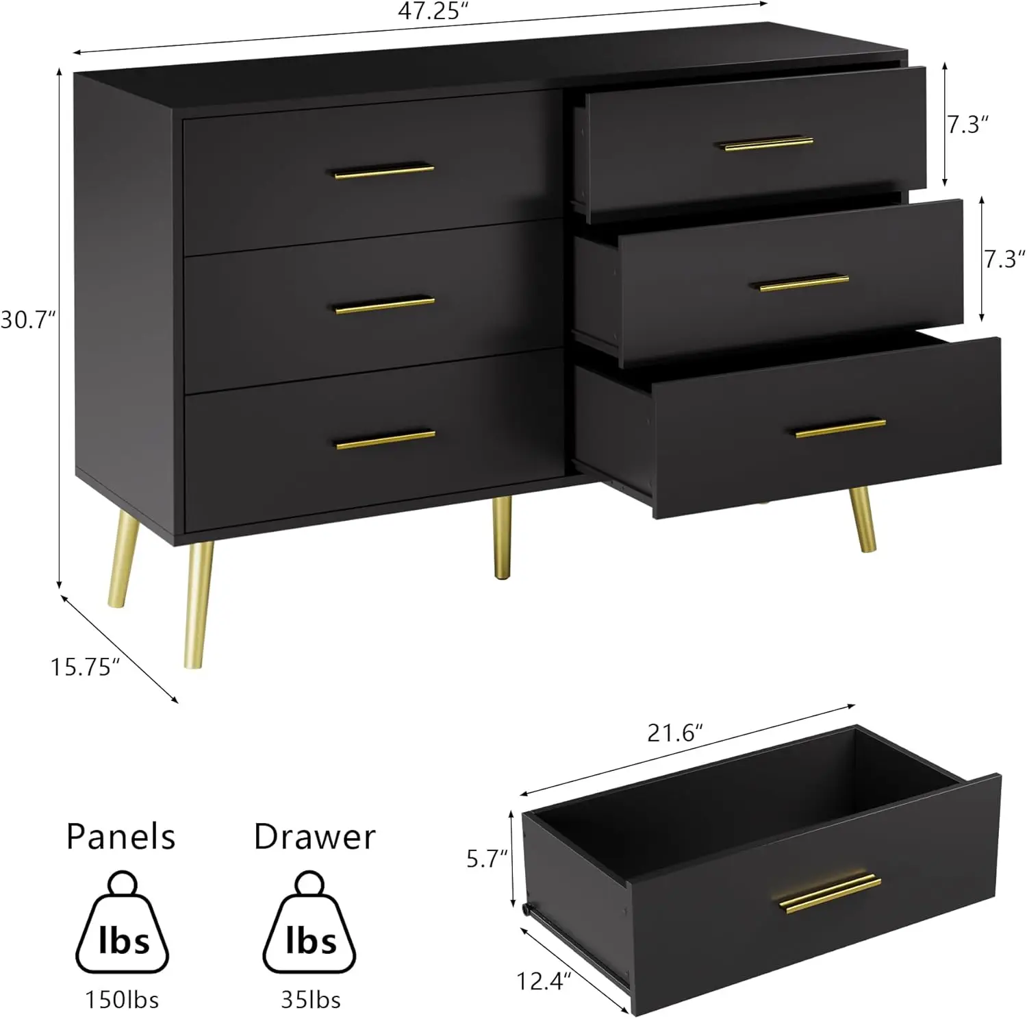 NEW Black Dresser for Bedroom 6 Drawer Wood Double Dresser with Gold Handles Modern Chest of Organizer Storage Drawers