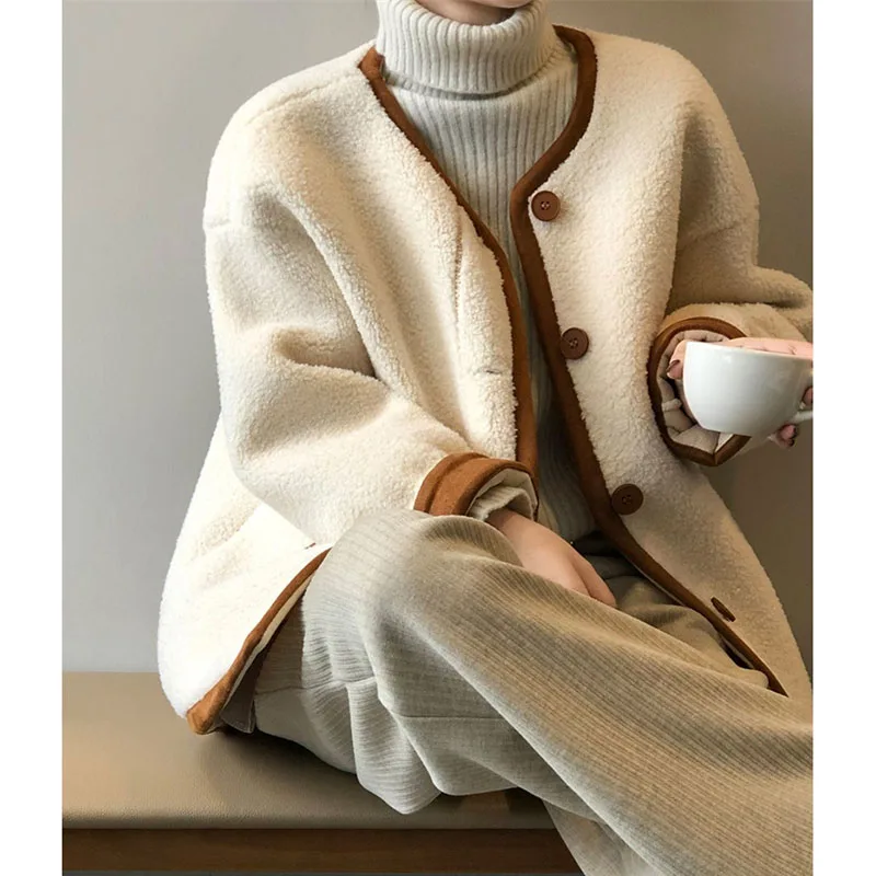 2025 سيدة الموضة الجسيمات المخملية سترة المرأة الكورية كسول طويلة الأكمام معطف فوقي الخريف الشتاء الإناث رشاقته صوف الضأن أبلى