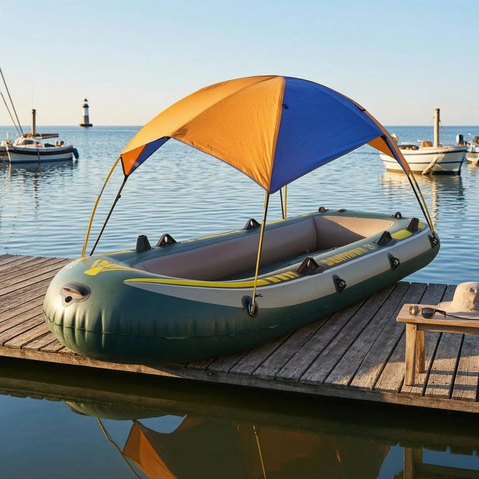 toldo-inflavel-multicolorido-para-barco-com-alcas-de-fixacao-e-postes-pretos-para-navegacao