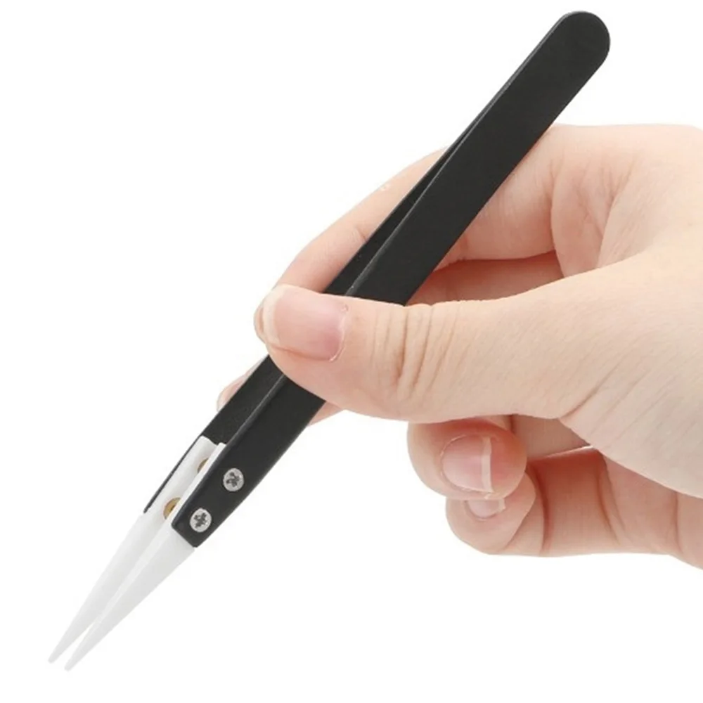 Anti-Static Ceramic Tweezers Stainless Steel Industrial Ceramic Tweezers Insulated Straight Tip Black-Whit Tweezers