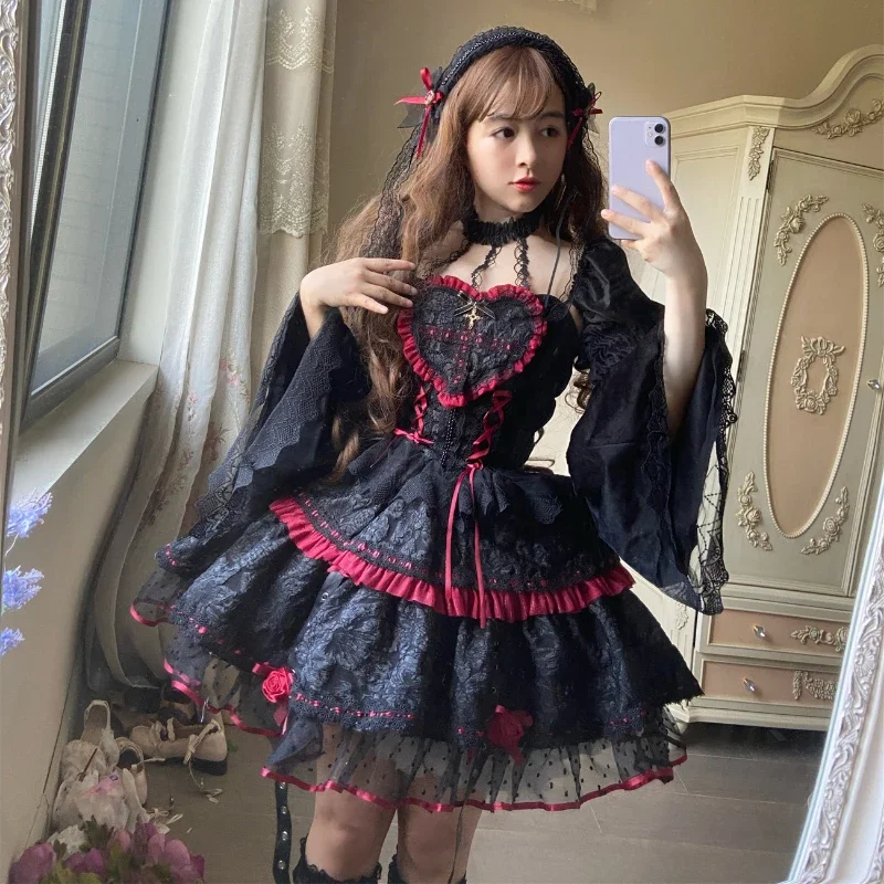 Robes de style Lolita gothique foncé pour femmes, corset bandage, col licou en dentelle victorienne, robe JSK, mode japonaise, robe de soirée de vacances