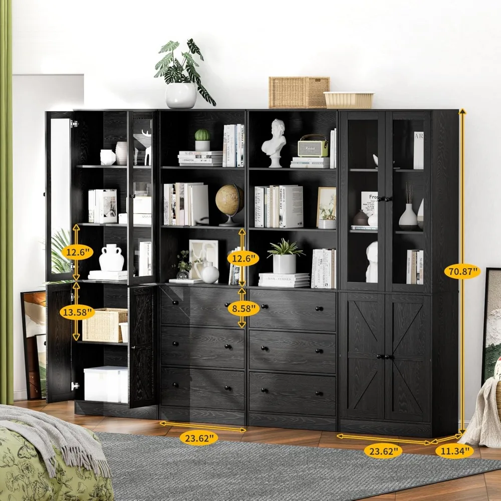 A set of 4 71 inch high bookshelves, 2 with drawers and 2 with doors, suitable for home offices and living rooms