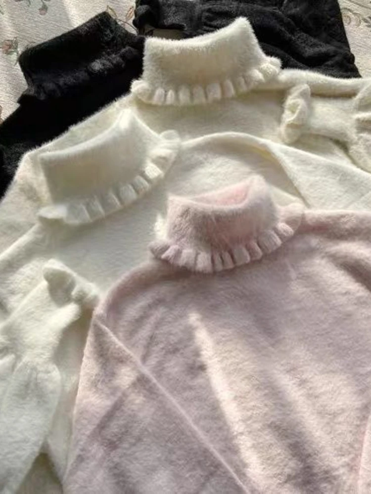KOSAHIKI Soft Basic Pullover Women Japanese Ruffle Turtleneck Puff Sleeve Sweater Jk Lolita Inside Jumper Fairy Sueter Top