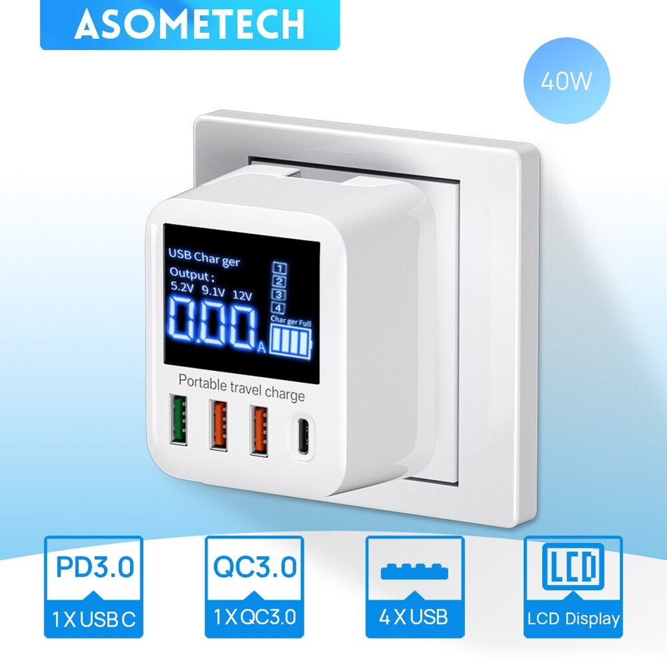  ASOMETECH 40W USB Wall Charger 4 Port With LED Display QC3.0 PD3.0 USB Fast Charger For iPhone 14 Huawei Xiaomi Samsung 
