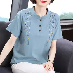 Women Summer Elegant Temperament Loose Embroidered Cotton O-neck Short Sleeve Shirts Ladies Trend All-match Office Lady Top Tee