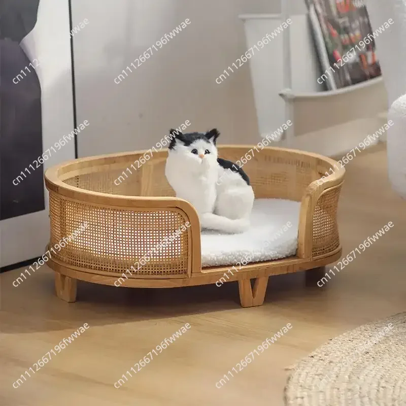 Princess Style Cat Bed Elevated Dog House with Solid Wood Base Vintage Woven Pet Furniture Comfortable and Breathable for Cats