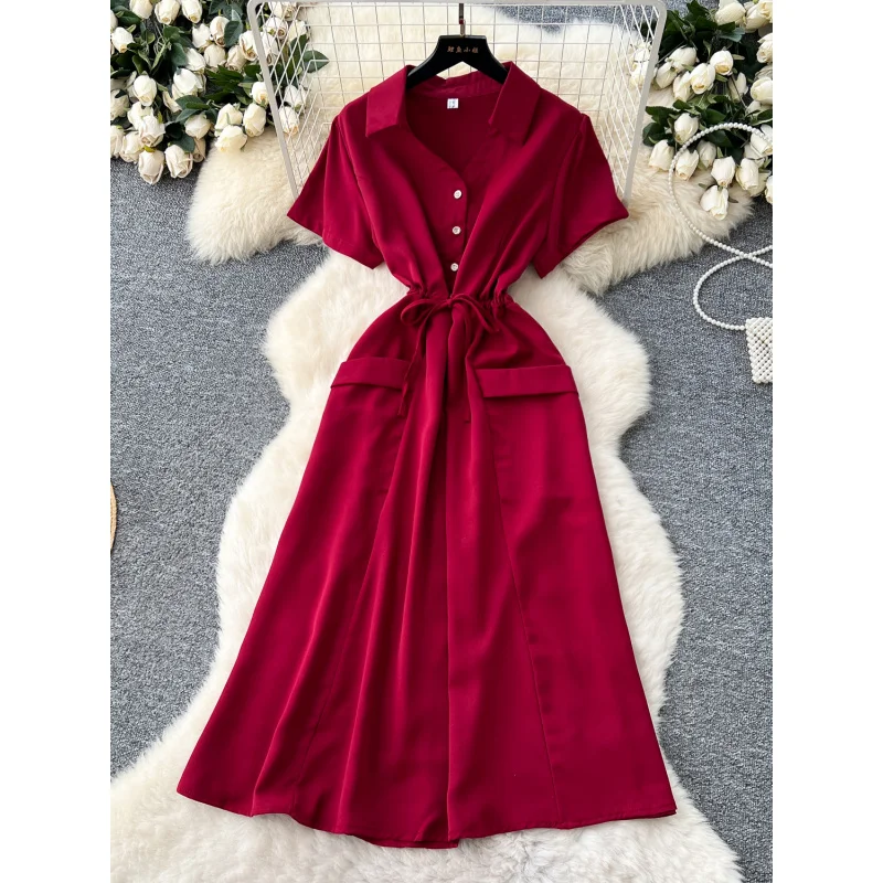 

women summer chic solid slim drawstring long dress casual party vestido de festa elegant tunic a-line polo neck office vestidos