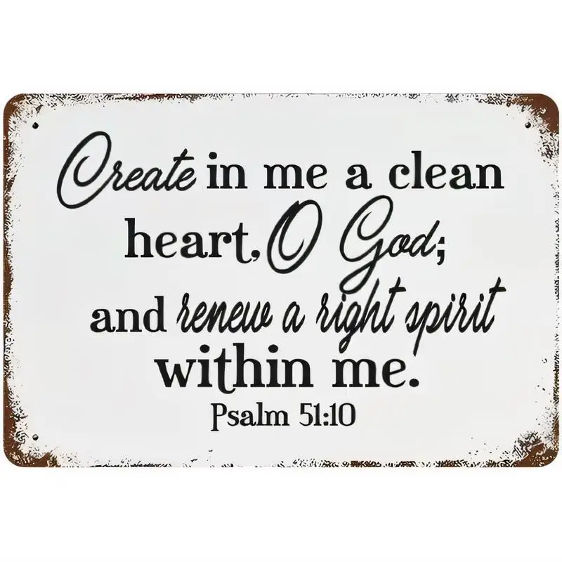 Vintage Distressed Metal Tin Sign - Psalm 51:10 Bible Verse Wall Art, White Iron Religious Decor, Retro Style for Home, Church,