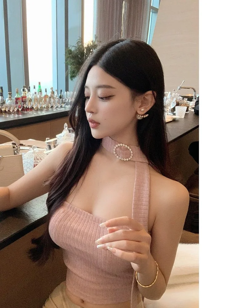 2024 Summer Fashion Y2k Choker Halter Tube Women Korean Solid Cropped Tops Off Shoulder Vest Sleeveless Sexy Cute Knitted Tanks