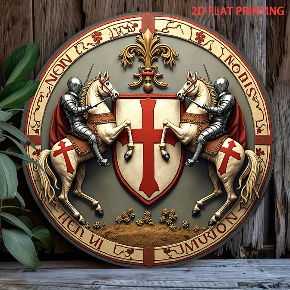 Vintage Knight Templar Metal Plaque 8x8 Inch - Medieval Rider & Latin Motto Non Tempore Non Mercimoni, Pre-Drilled Wall Decor Fo