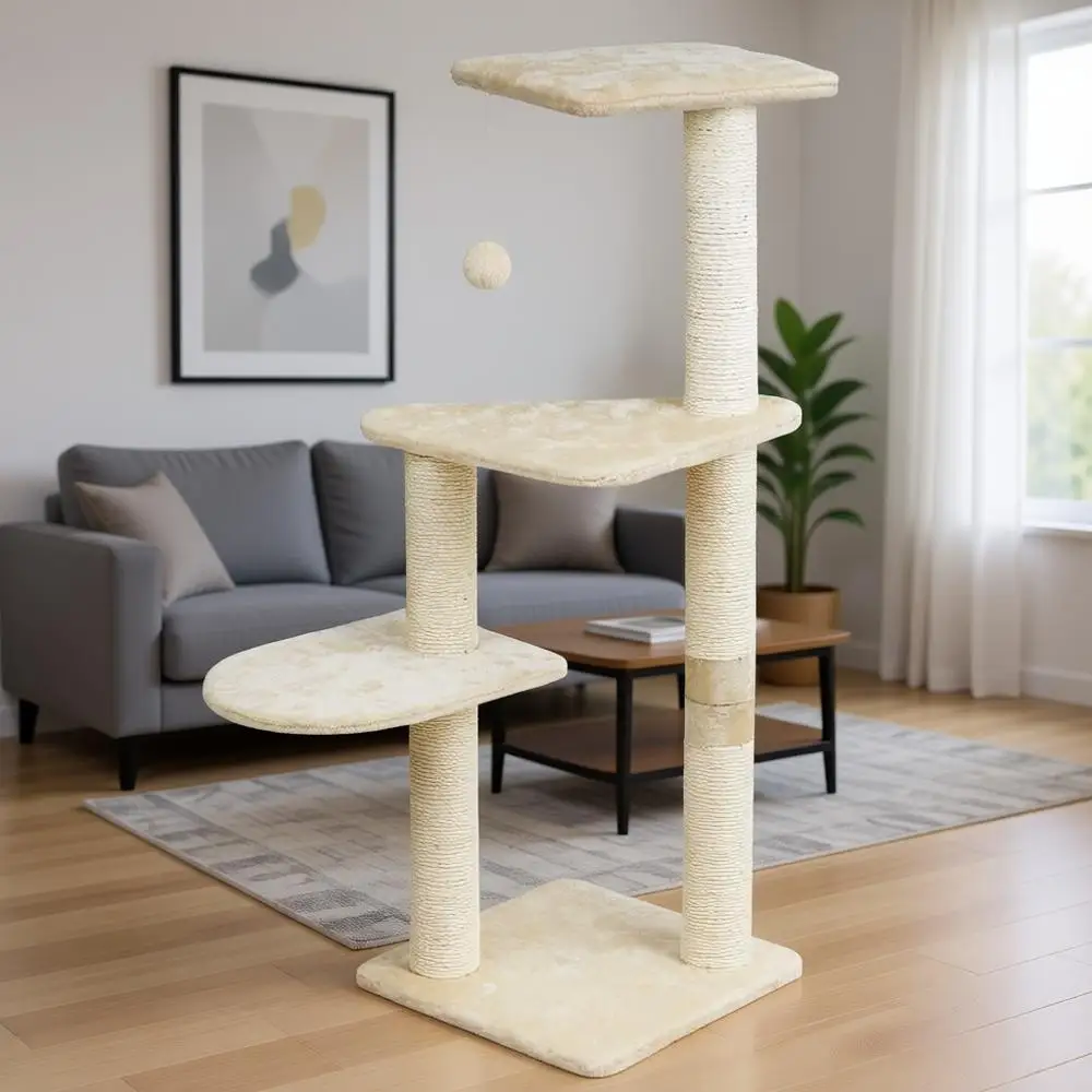 

Cat Tree with Sisal Posts, Dangling Pom-Pom Toy, Soft Platforms & Padded Top – Indoor Cat Furniture for Scratching & Climbing –