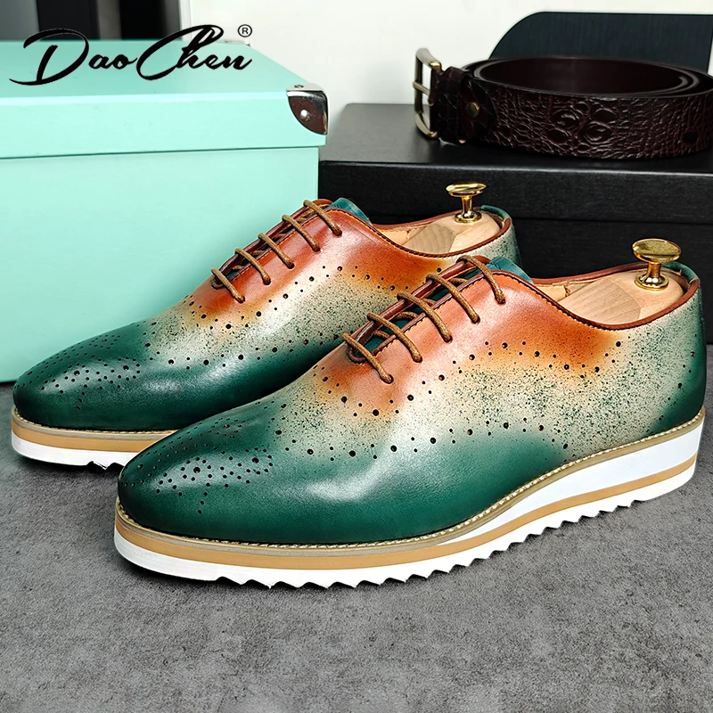 Luxury Brand Men Leather Shoes Green Blue Lace up Casual Dress Man Shoes Comfortable Sports Outdoor Daily shoes for men